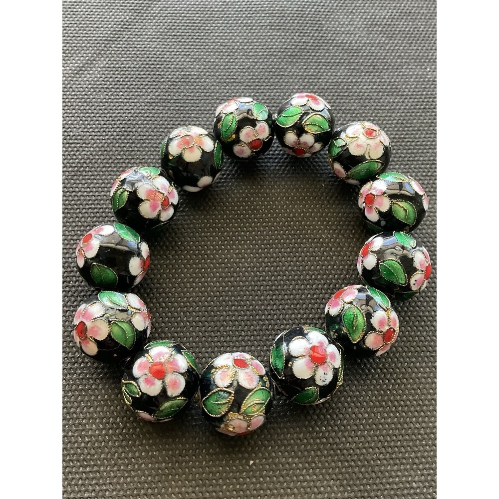 Chinese cloisonné enamel beaded bracelet Floral Pattern Stretch Vintage Estate